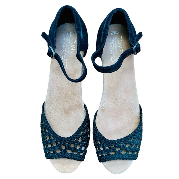 Toms Black Suede Lattice Front Cork Wedge Sandal Ankle Strap Women's Size 8.5 - Picture 5 of 10